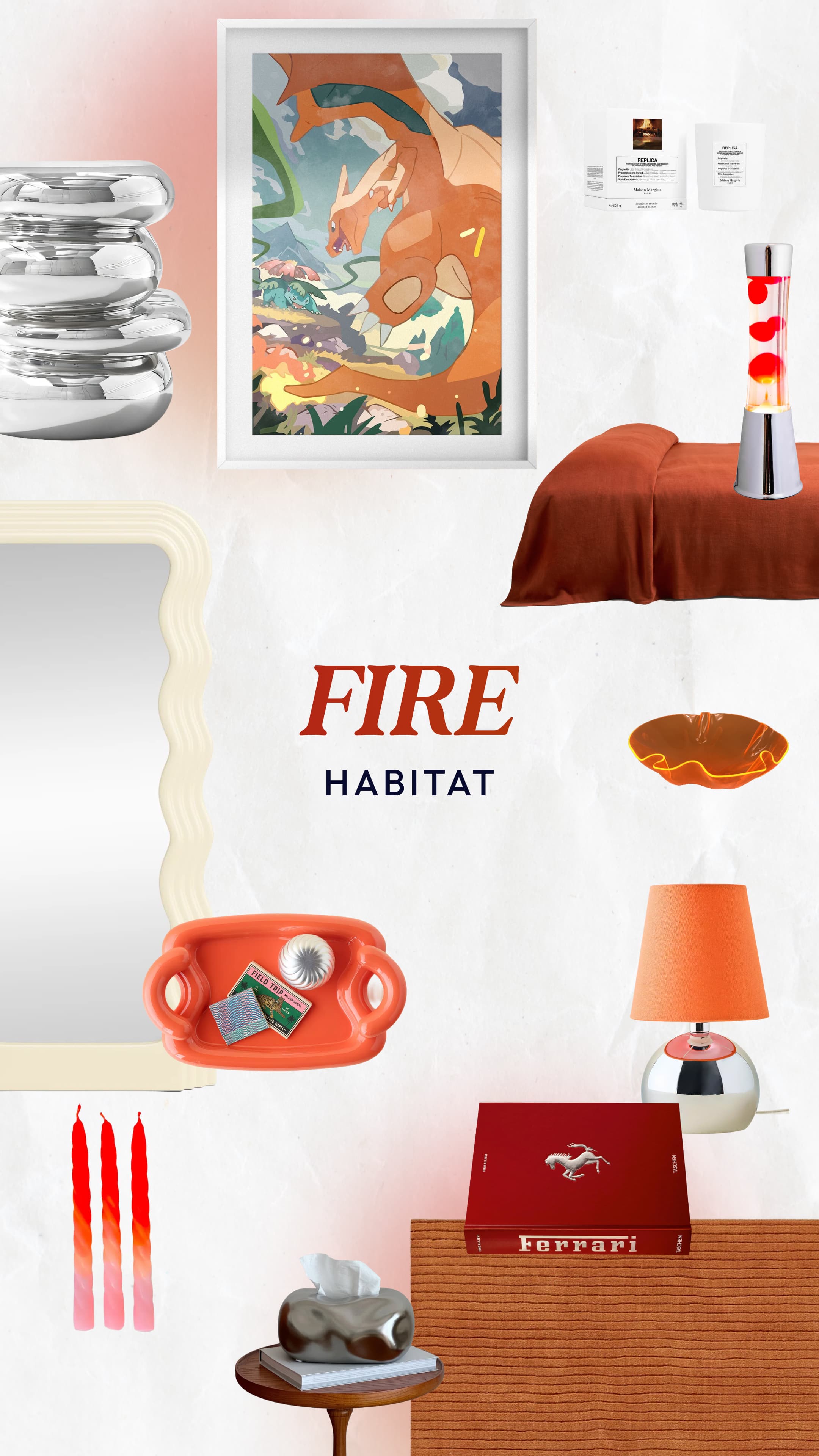 Fire-themed Pokémon bedroom with burnt oranges, lava lamp glow, and chrome accents