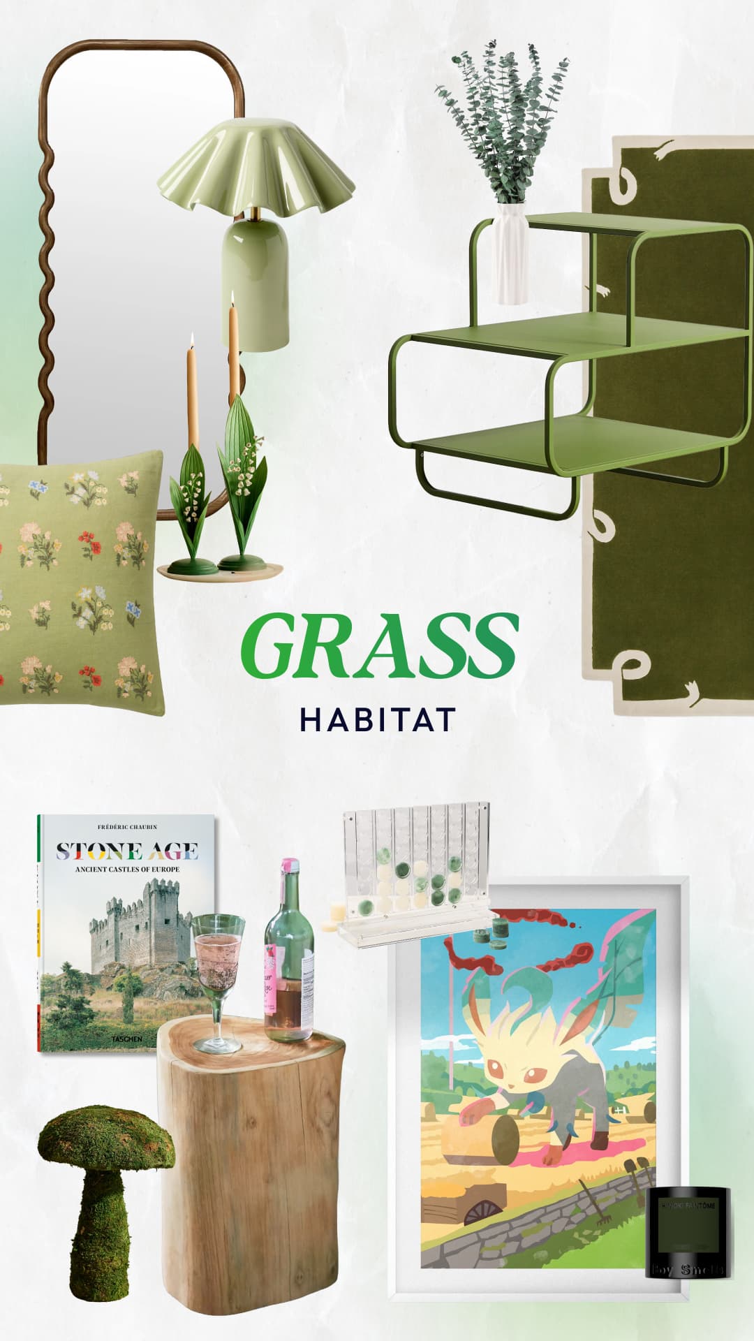 Grass-themed Pokémon bedroom with deep forest greens, teak wood, and embroidered florals
