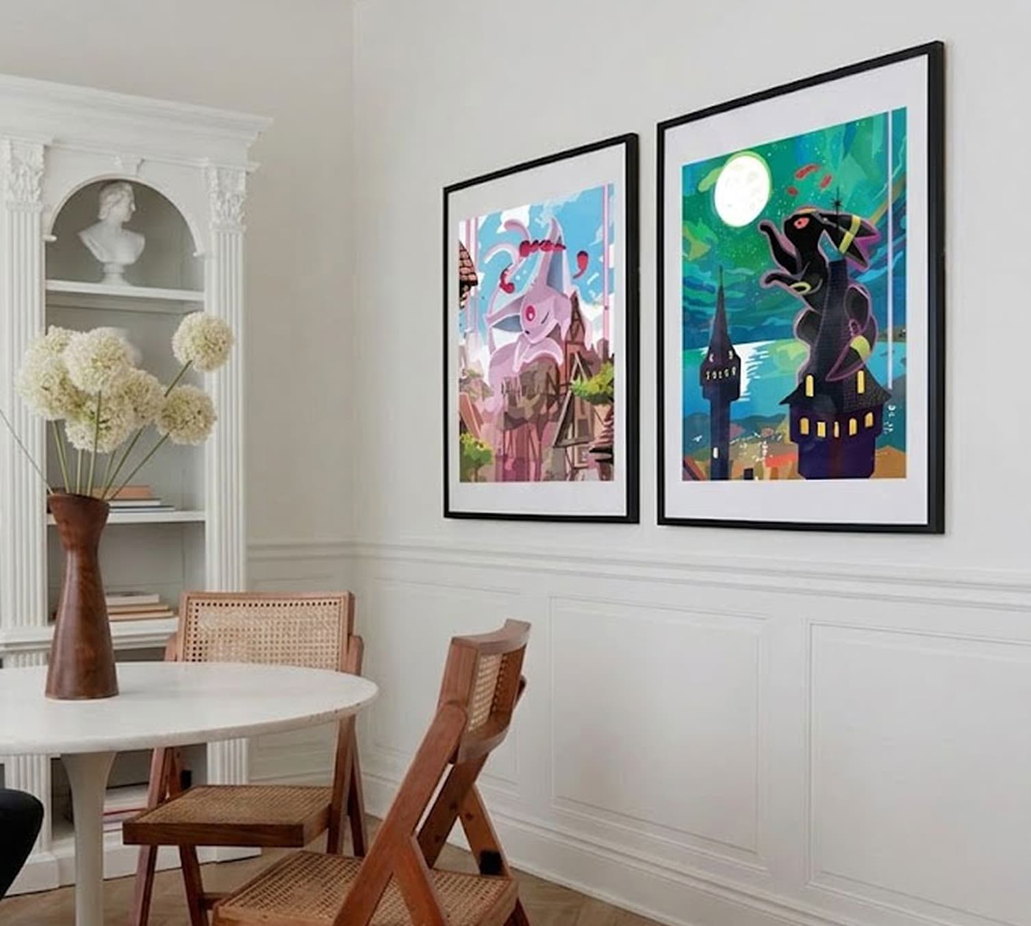 Espeon and Moonbreon framed art in modern kitchen