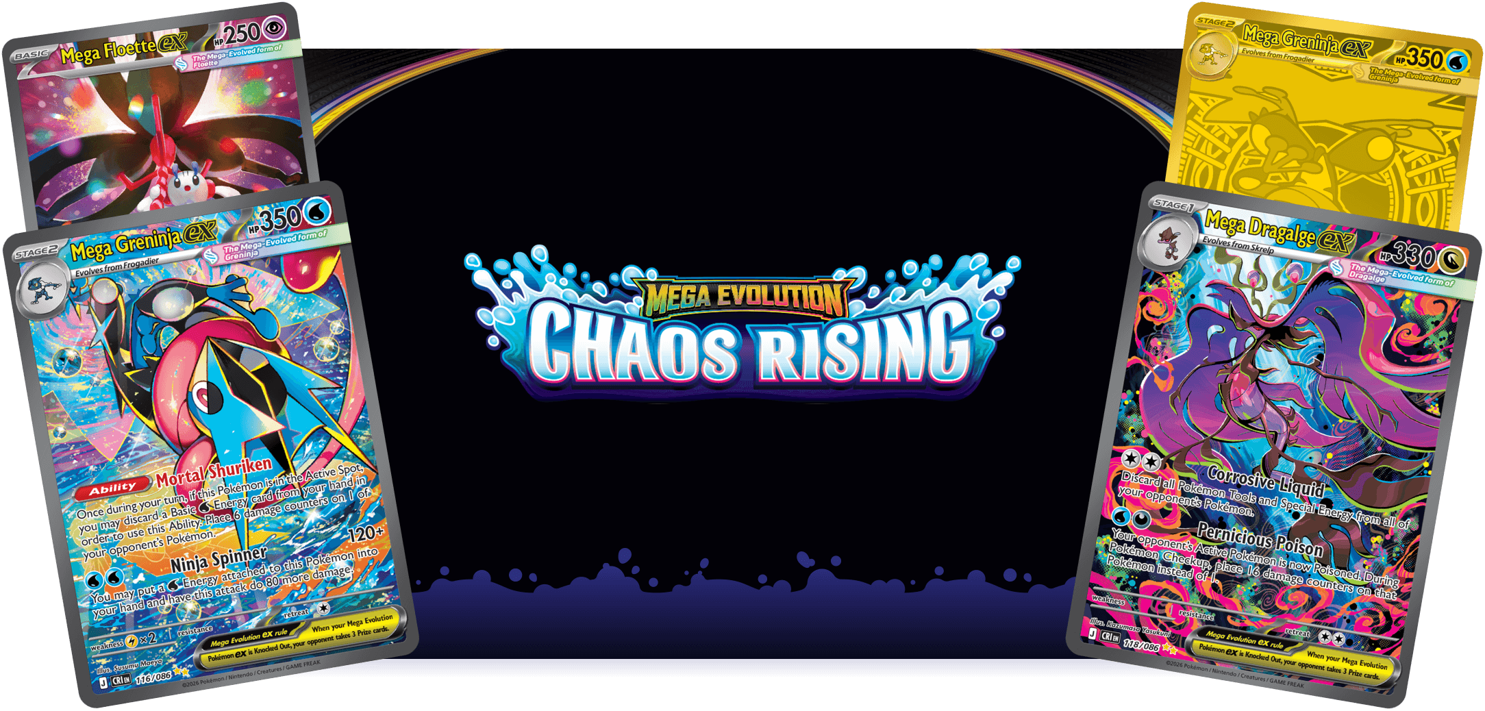 Pokémon TCG Mega Evolution—Chaos Rising key art featuring Mega Floette ex, Mega Greninja ex, and Mega Pyroar ex