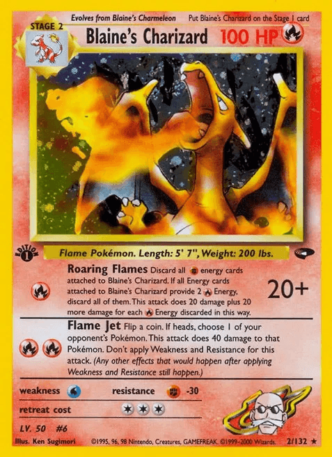 Blaine's Charizard first edition holofoil card from the Gym Challenge expansion, known for its Fighting-type symbol misprint