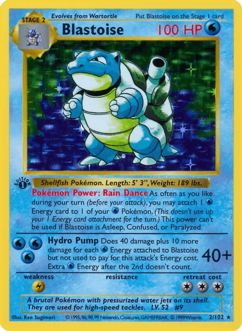 Blastoise first edition shadowless holofoil card from the original 1999 Base Set