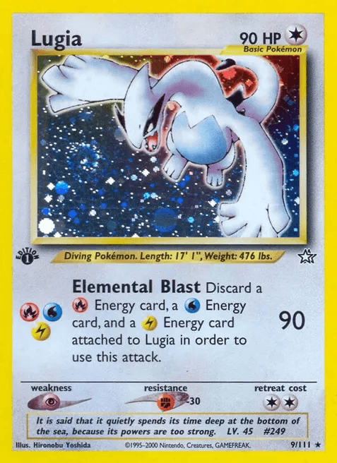 Lugia first edition holofoil card from the Neo Genesis expansion, the first Lugia ever printed in the Pokémon TCG