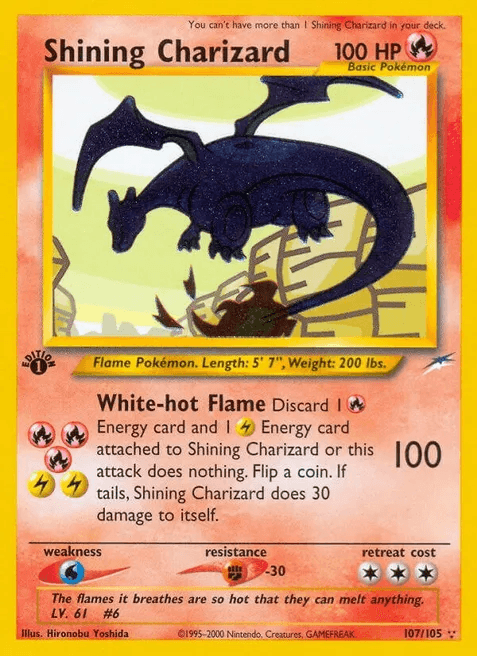 Shining Charizard first edition holofoil card from the Neo Destiny expansion, the first Pokémon card to depict a Shiny Charizard