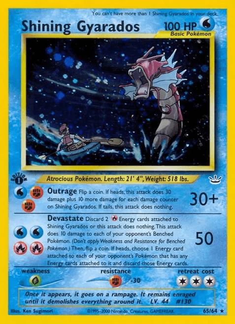 Shining Gyarados first edition holofoil card from the Neo Revelation expansion, one of the first Shiny Pokémon ever depicted on a card