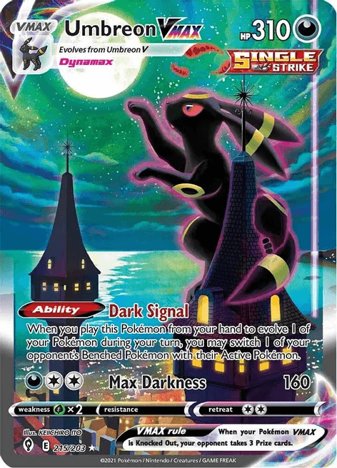 Umbreon VMAX Alternate Art Secret Rare card from Evolving Skies showing Dynamax Umbreon reaching for the moon