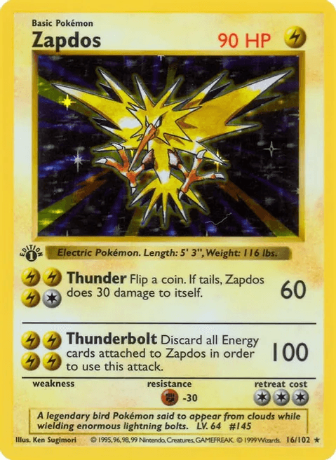Zapdos first edition shadowless holofoil card from the original 1999 Base Set