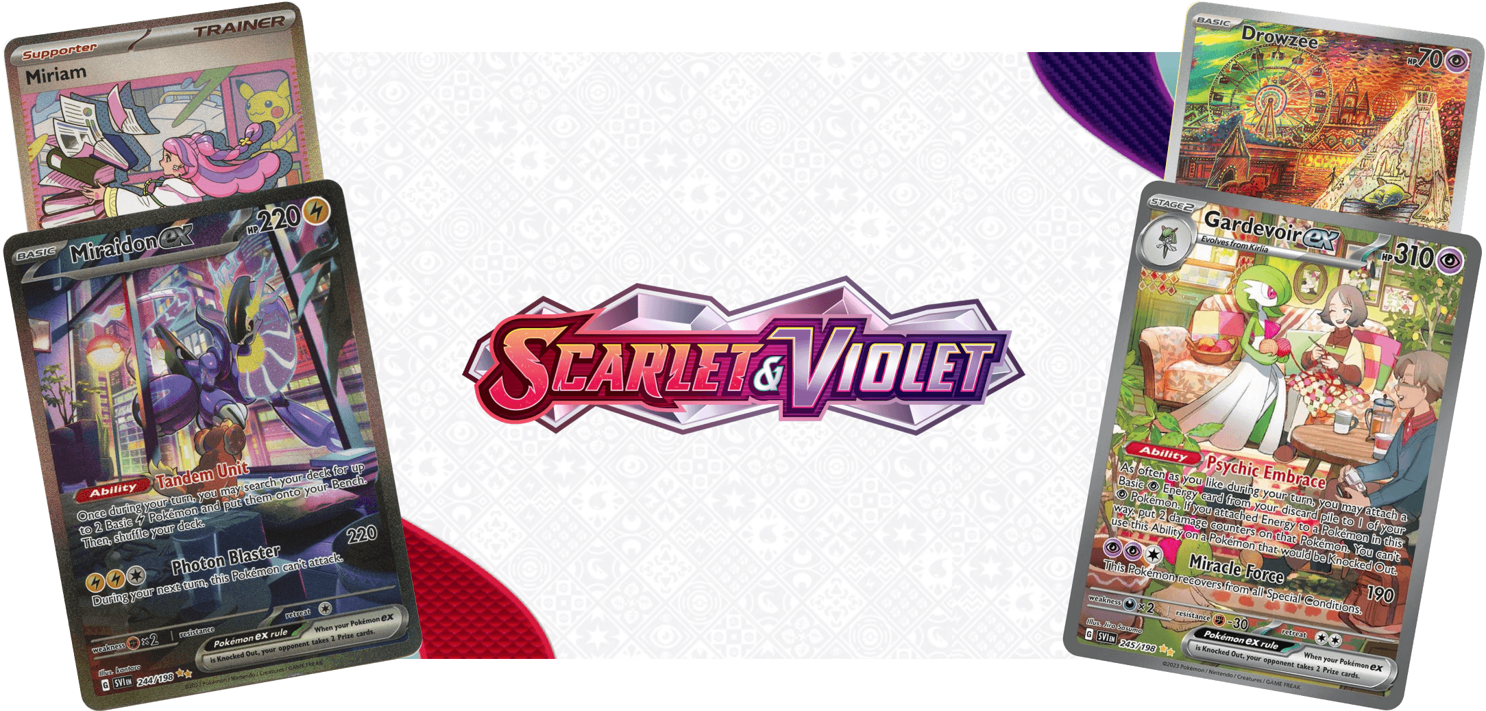 Scarlet & Violet Base Set Pokémon TCG key art featuring the Paldea region starters and legendary Pokémon