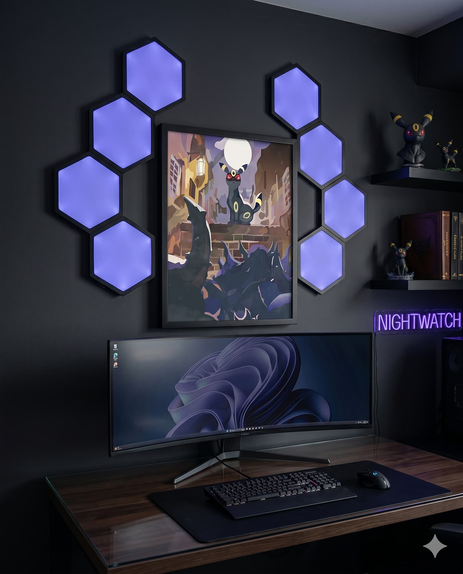 Dark moody Pokémon gaming setup featuring a framed Umbreon in an Alley art print from Palette Town surrounded by hexagon LED lights and Umbreon figures