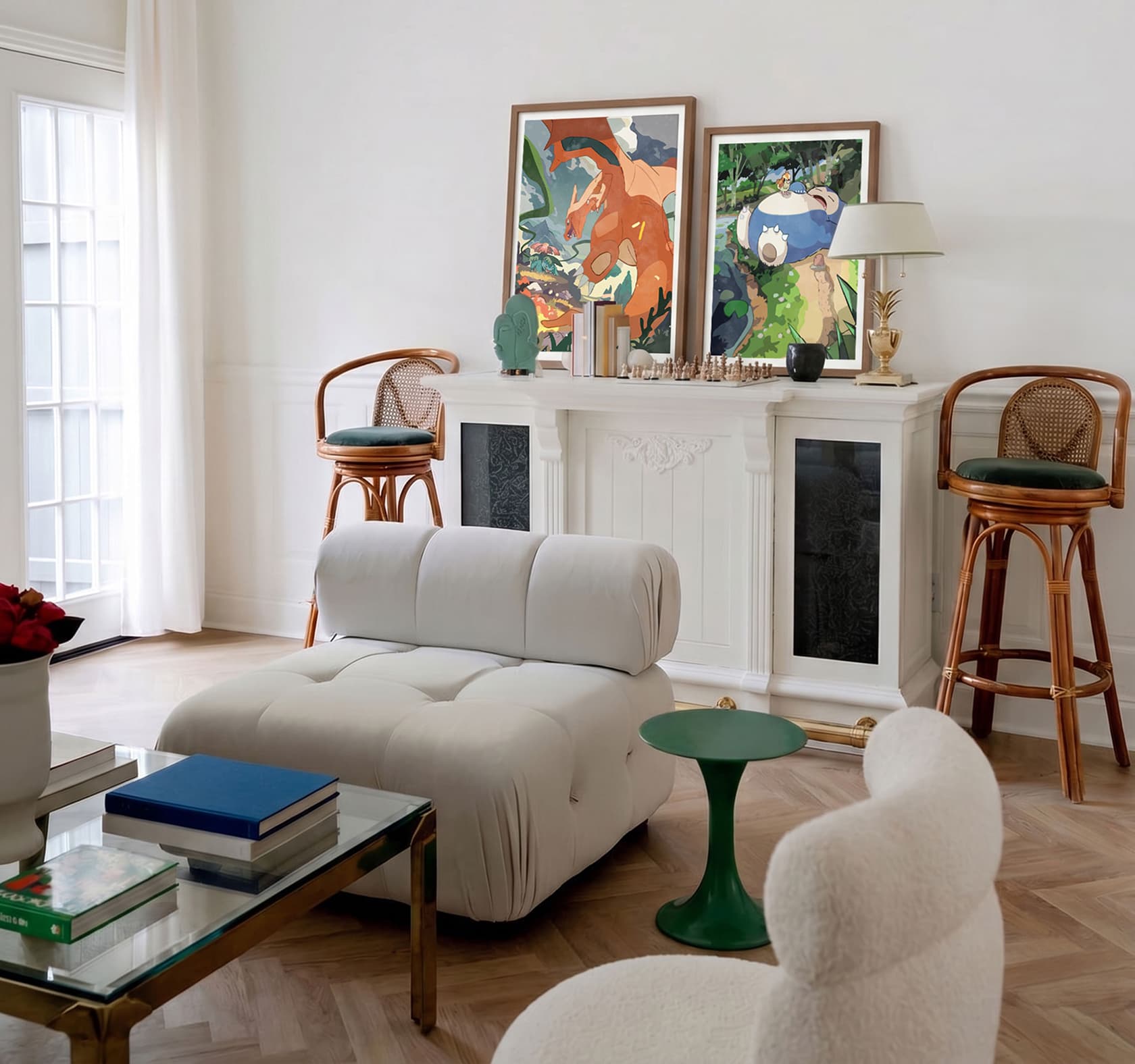 Charizard and Snorlax framed art in modern living room