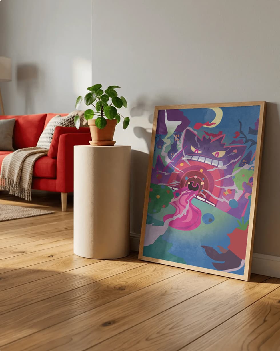 Gengar framed art on living room floor