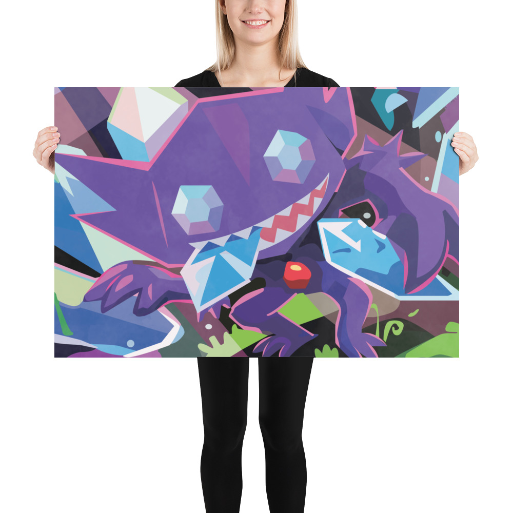 Woman holding a 24"x36" Sableye Halloween spookly Pokemon poster alt art print for sale