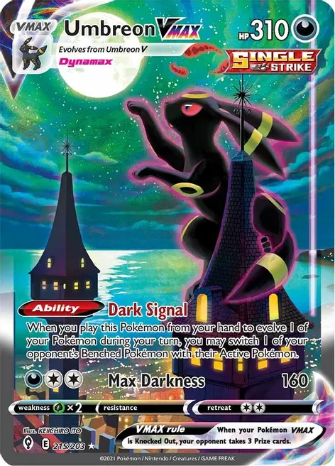 Umbreon VMAX (Alternate Art Secret) - Evolving Skies Eeveelution card as number 24 on Palette Town's most expensive Pokémon card list of March 2023