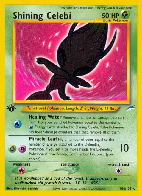 Shining Celebi - Neo Destiny (N4) card as number 23 on Palette Town's most expensive Pokémon card list of March 2023