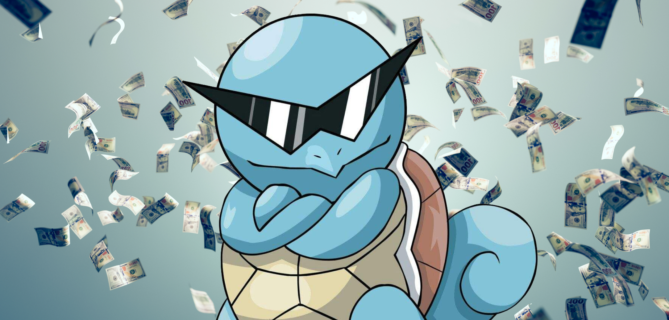 Expensive squirtle squad member standing in front of raining money from expensive pokemon cards
