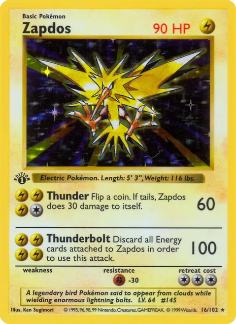 Zapdos - Base Set (Shadowless) (BSS) card as number 18 on Palette Town's most expensive Pokémon card list of March 2023