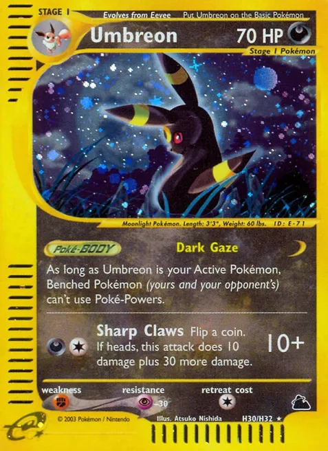 Umbreon (H30) - Skyridge (SK) card as number 17 on Palette Town's most expensive Pokémon card list of March 2023