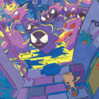 Ghost Pokémon poster featuring Gastly, Haunter, and Gengar dancing at night while Meowth watches in secret. Available in 5x7, 8x10, 11x14, 16x20, 18x24, and 24x36 sizes with options of glossy or matte finish.